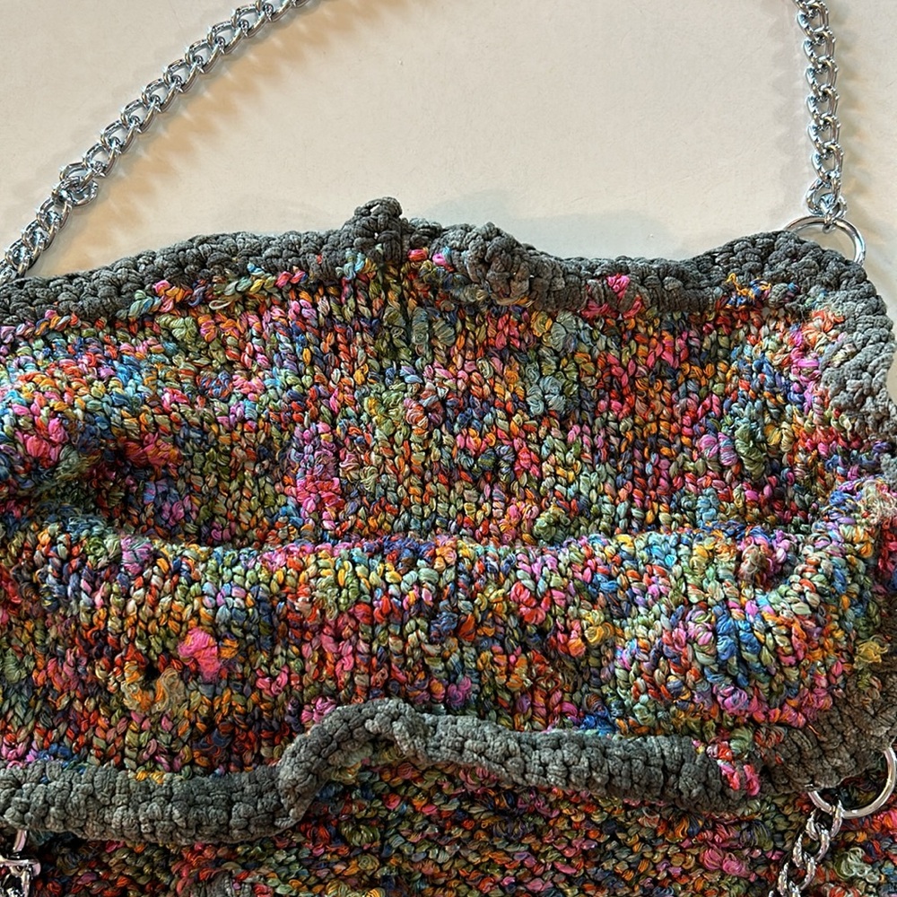 handmade knit Yarn 90s hobo handbag purse with silver chains unique - Picture 5 of 7